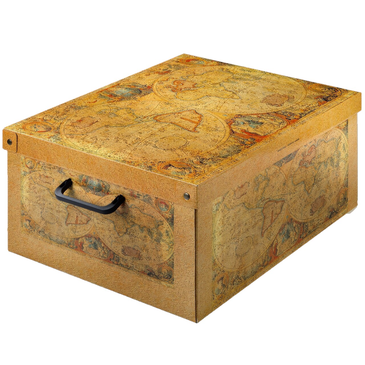 Lavatelli: Storage Box: Small - Map - Lid & Side Handles, Decorative Cardboard Organizer, Stacking-Folds, Home-Clothes-Toys-Office, 13.8 x 9.8 x 6.9"